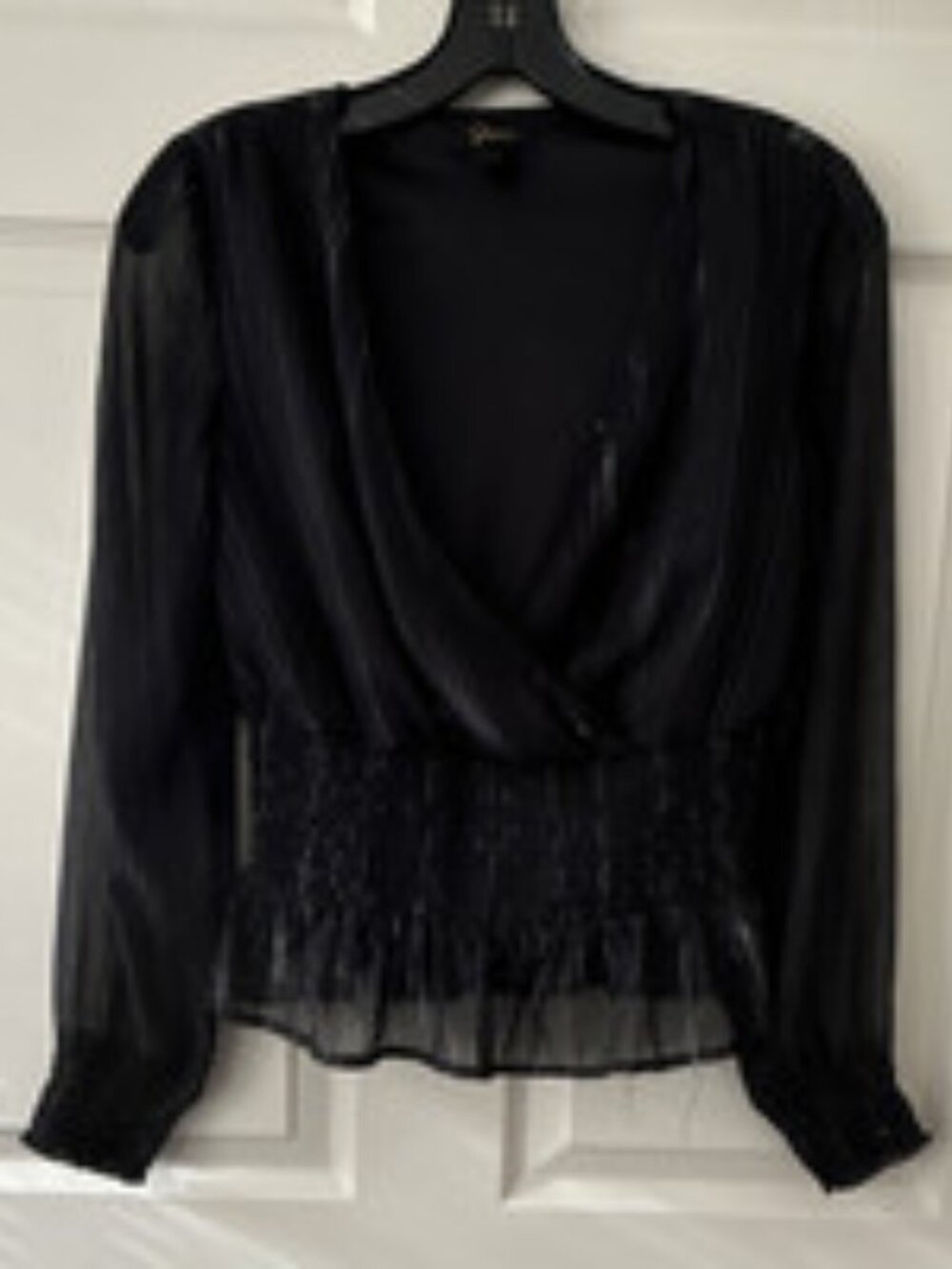 Japna Black Sheer Silver Striped Smocked V-Neck Long